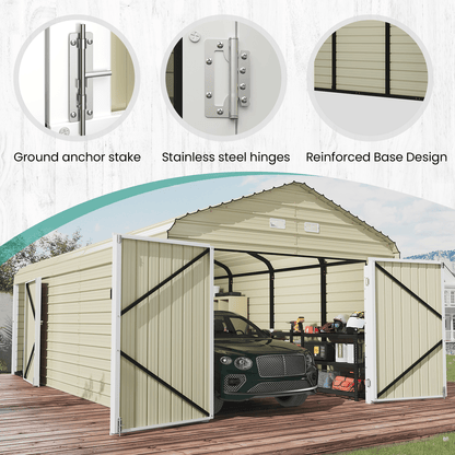 EROMMY 12x24 FT Heavy Duty Carport - Galvanized Steel Frame Car Shelter with Reinforced Base, Enclosed Storage Shed for Cars & Trucks, Beige