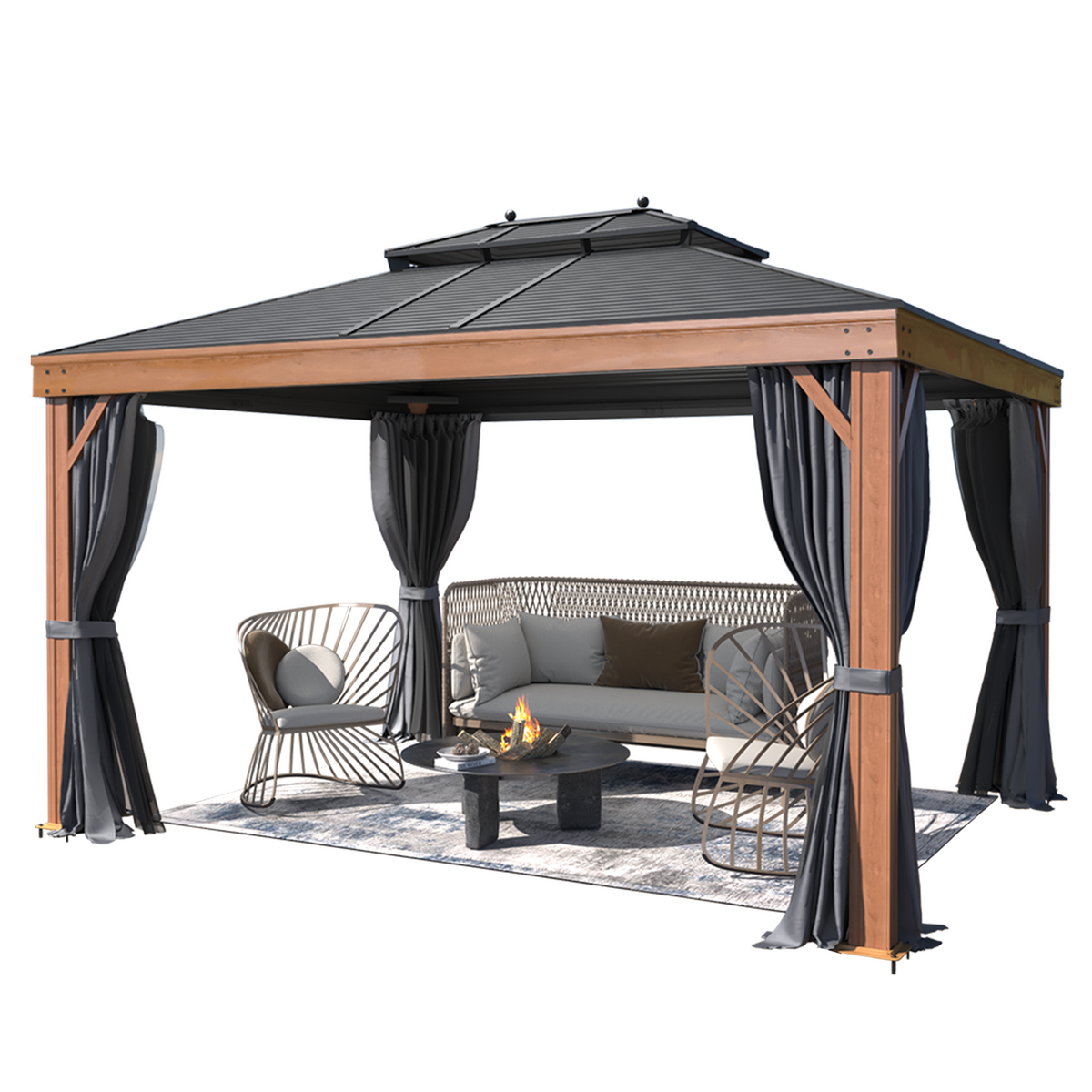 EROMMY 10' x 13' Hardtop Gazebo Faux Wood Grain with Aluminum Frame, Galvanized Steel Double Roof