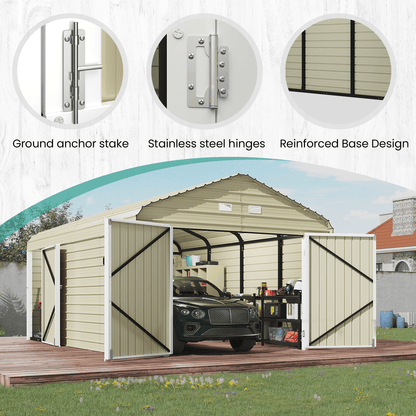 EROMMY 12x20 FT Heavy Duty Carport - Galvanized Steel Frame Car Shelter with Reinforced Base, Enclosed Storage Shed for Cars & Trucks, Beige