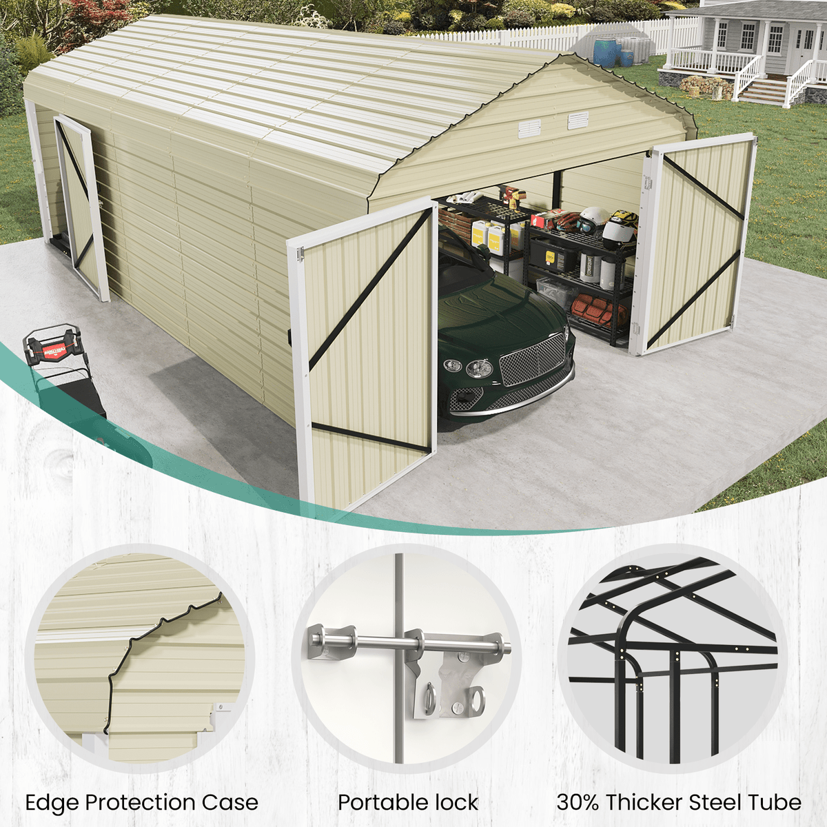EROMMY 12x24 FT Heavy Duty Carport - Galvanized Steel Frame Car Shelter with Reinforced Base, Enclosed Storage Shed for Cars & Trucks, Beige