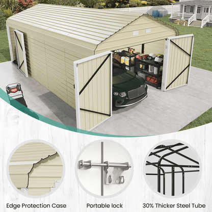 EROMMY 12x24 FT Heavy Duty Carport - Galvanized Steel Frame Car Shelter with Reinforced Base, Enclosed Storage Shed for Cars & Trucks, Beige