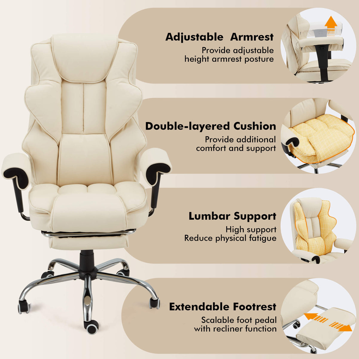 Erommy 6-Point Massage Heat Ergonomic Reclining Office Chair with Footrest Beige