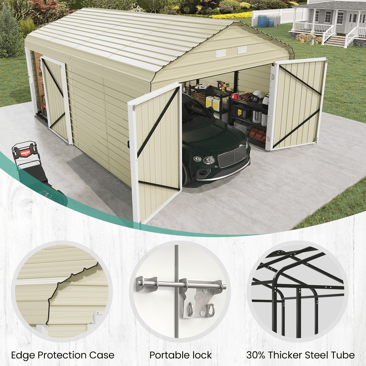 EROMMY 12x20 FT Heavy Duty Carport - Galvanized Steel Frame Car Shelter with Reinforced Base, Enclosed Storage Shed for Cars & Trucks, Beige