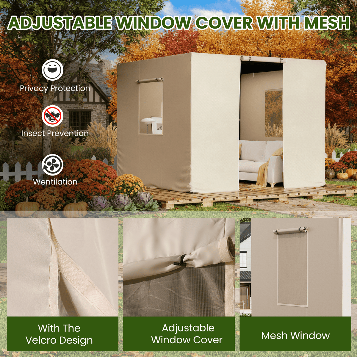 Erommy 10FT X 10FT Pergola Winter Cover with Sidewalls and Mesh Windows, Beige