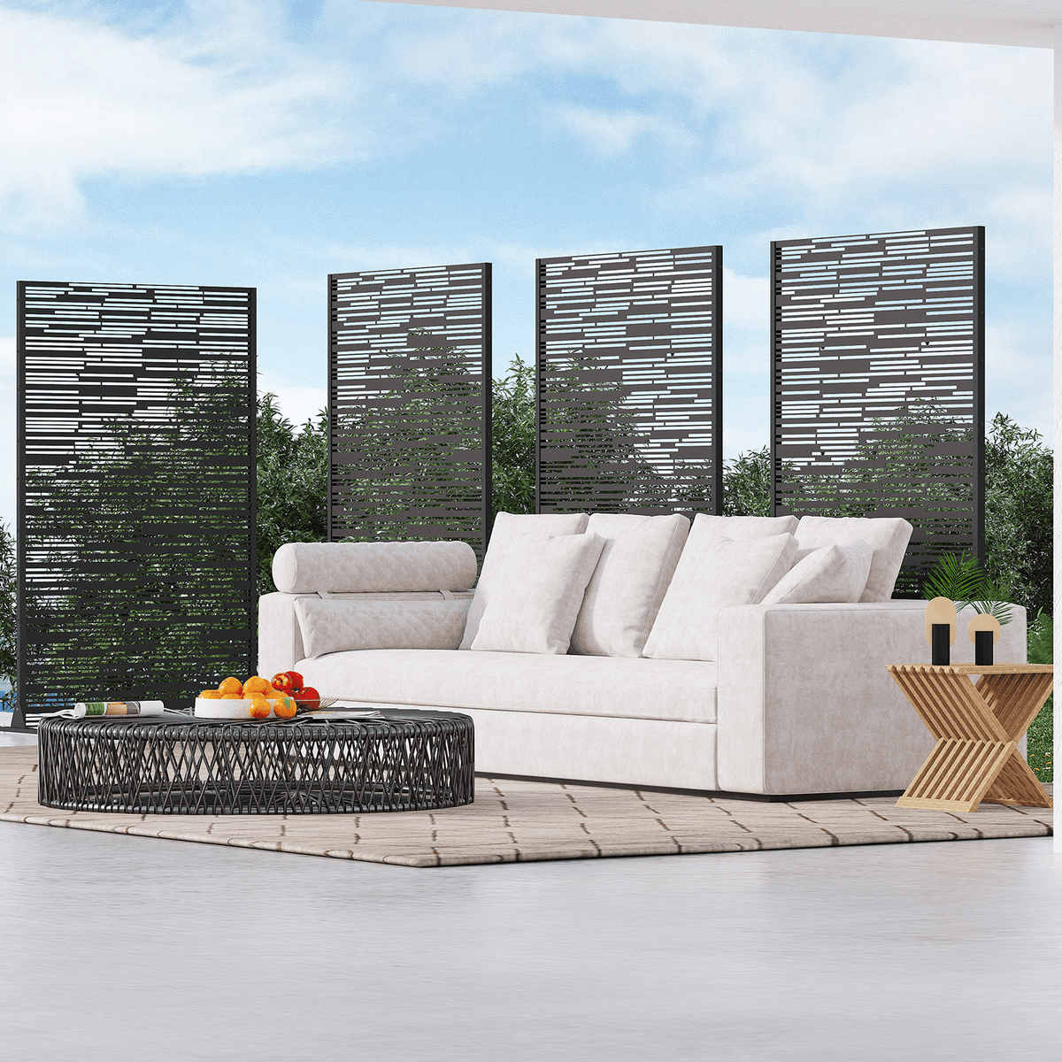 EROMMY 72" H Metal Privacy Screen, Freestanding Outdoor Privacy Screen with Upgraded Thickened Posts & Panels and Heavy Base, Black Linear(Consist of 5 Panels)