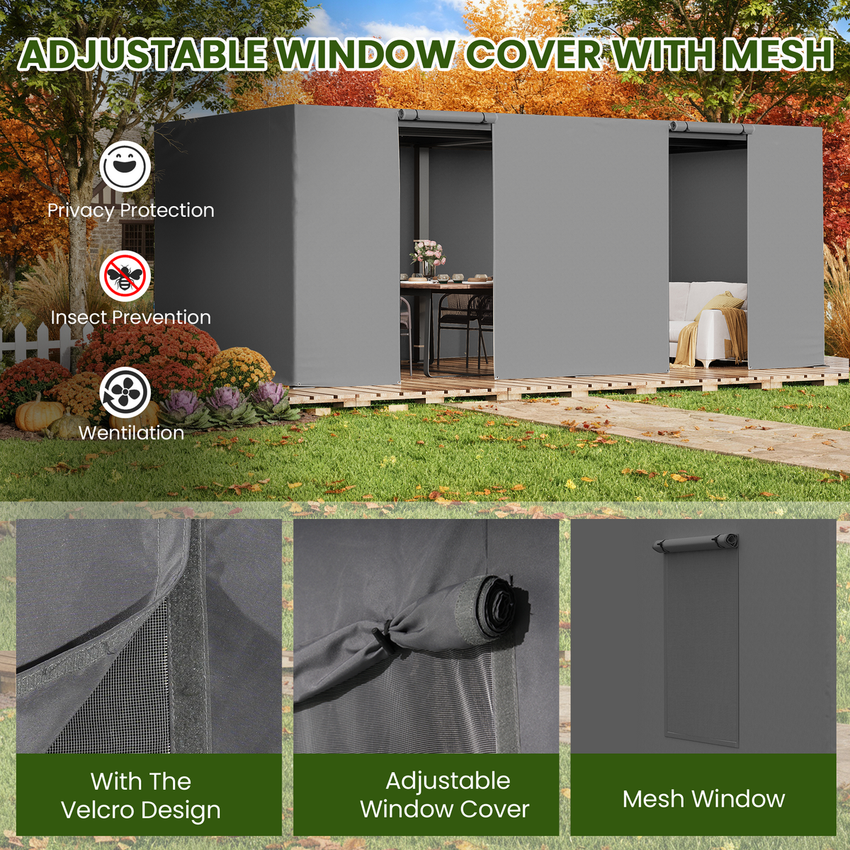 12FT X 20FT Pergola Winter Cover,  All-Season Pergola Accessory, Outdoor Pergola Cover with Sidewalls and Mesh Windows, Waterproof Enclosure for Weather Protection, Fits Most Pergola Size, Gray