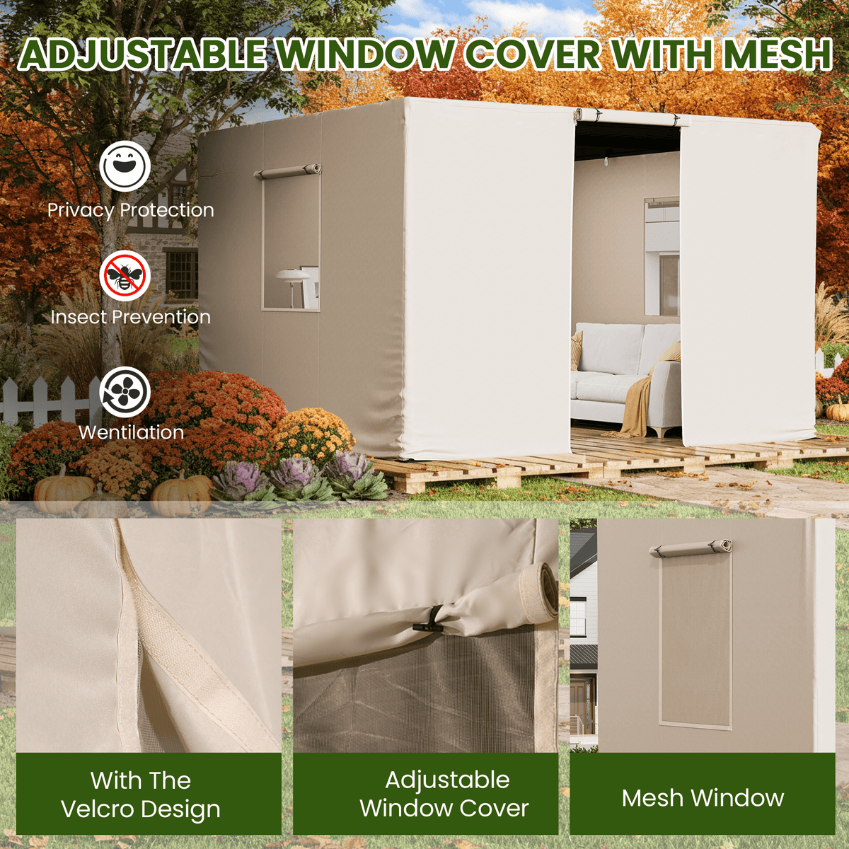Erommy 12FT X 12FT Pergola Winter Cover,  All-Season Pergola Accessory, Outdoor Pergola Cover with Sidewalls and Mesh Windows, Waterproof Enclosure for Weather Protection, Fits Most Pergola Sizes, Beige