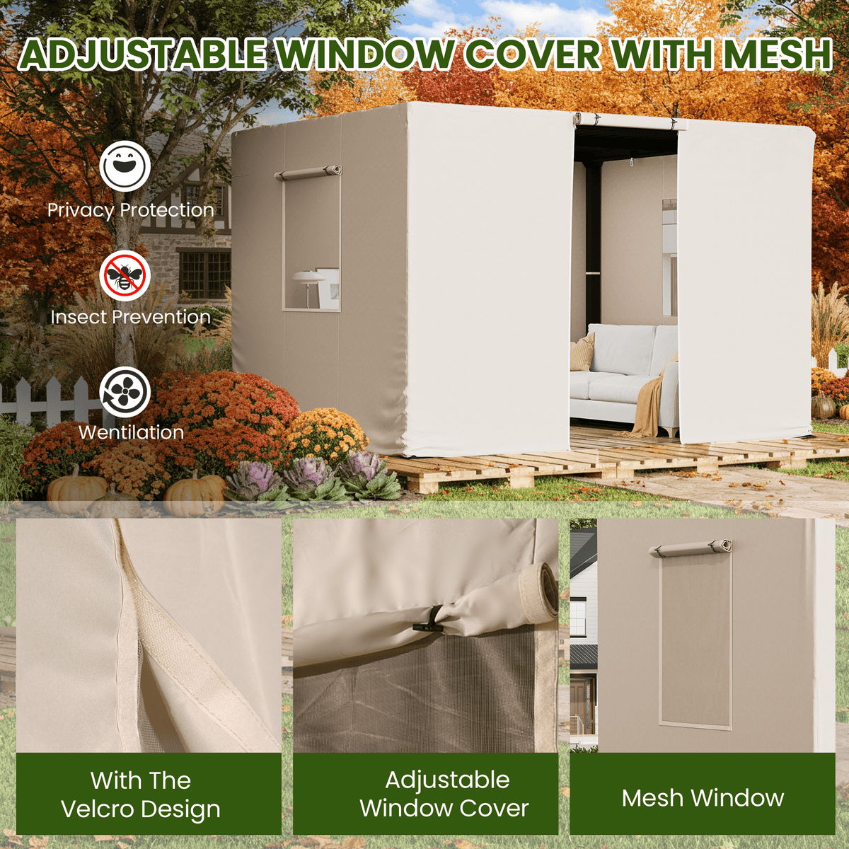 Erommy 10FT X 12FT Pergola Winter Cover with Sidewalls and Mesh Windows, Fits Most Pergola Sizes, Beige