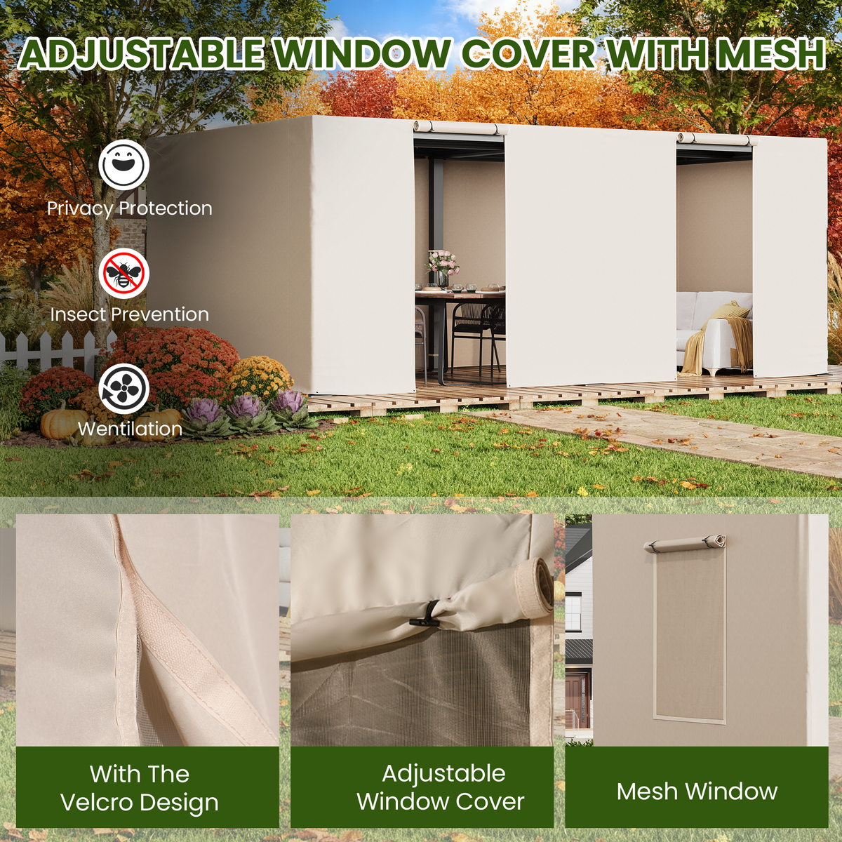 Erommy 12FT X 20FT Pergola Winter Cover,  All-Season Pergola Accessory, Outdoor Pergola Cover with Sidewalls and Mesh Windows, Waterproof Enclosure for Weather Protection, Fits Most Pergola Sizes