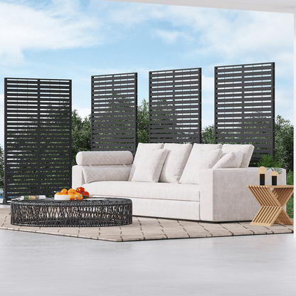 EROMMY 72" H×44" W Metal Privacy Screen, Free Standing Privacy Screen with Stable Heavy Base for Deck, Porch, Patio, Outdoor and Balcony, Black Louvered (Consist of 5 Panels)