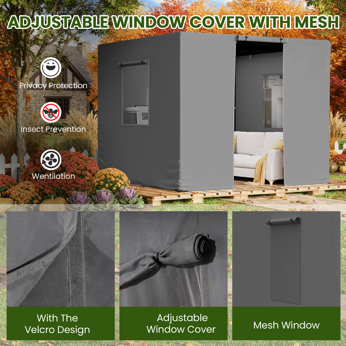 Erommy 10FT X 10FT Pergola Winter Cover with Sidewalls and Mesh Windows, Fits Most Pergola Sizes