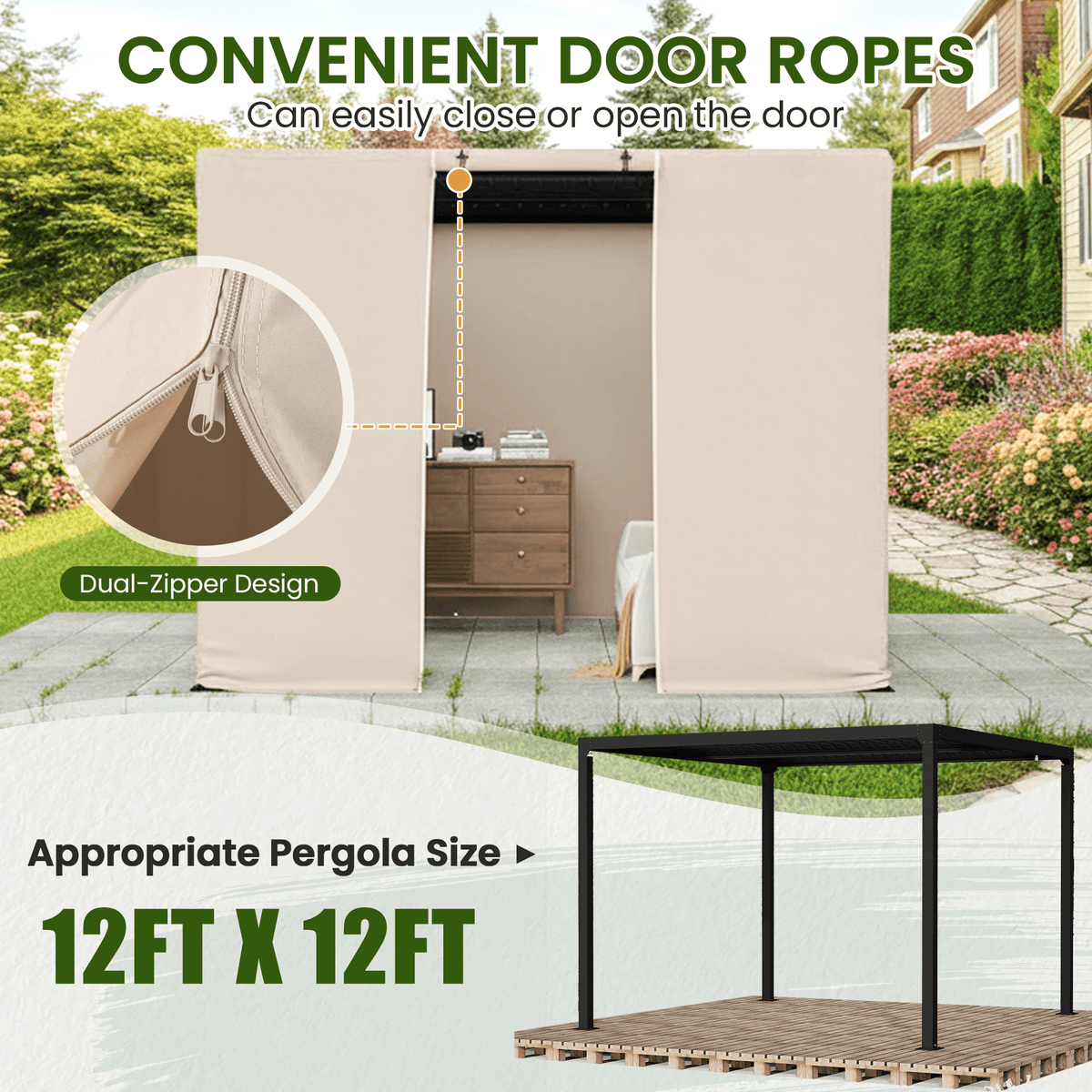 Erommy 12FT X 12FT Pergola Winter Cover,  All-Season Pergola Accessory, Outdoor Pergola Cover with Sidewalls and Mesh Windows, Waterproof Enclosure for Weather Protection, Fits Most Pergola Sizes, Beige