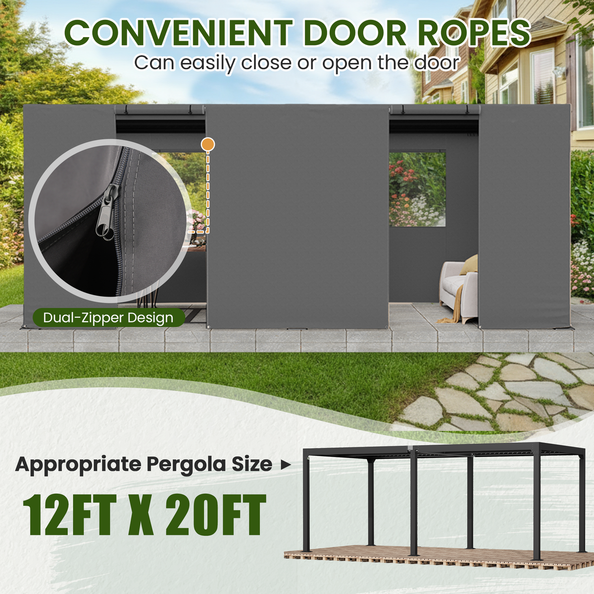 12FT X 20FT Pergola Winter Cover,  All-Season Pergola Accessory, Outdoor Pergola Cover with Sidewalls and Mesh Windows, Waterproof Enclosure for Weather Protection, Fits Most Pergola Size, Gray