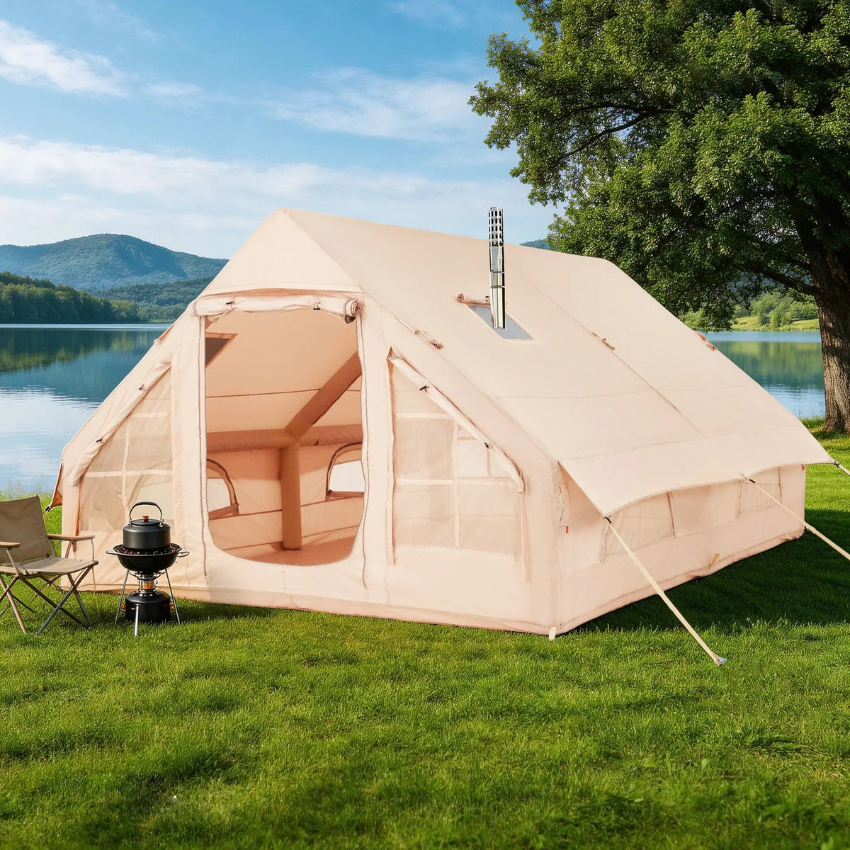 EROMMY Large Inflatable Tent for 8-10 Person, Waterproof Blow Up Camping Tent, Easy Setup 130 Square Glamping Cabin with Mesh Windows, A/C Port & Stove Jack