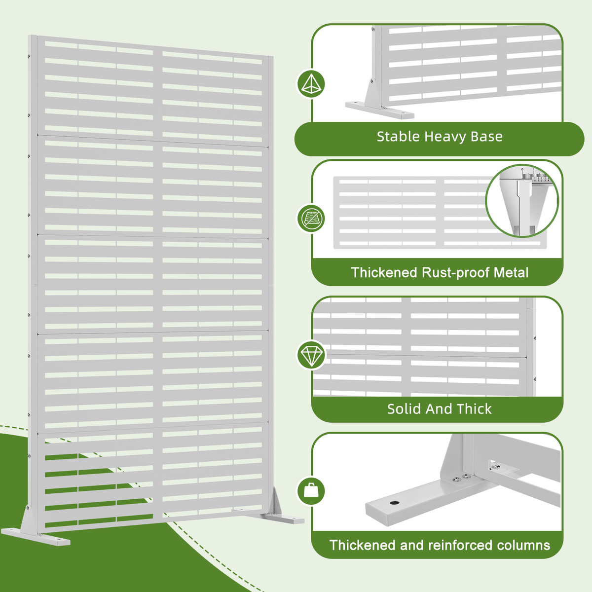 EROMMY 72''H×47'' Metal Privacy Screen, Freestanding Outdoor Privacy Screen with Upgraded Thickened Posts & Panels and Heavy Base, White Louvered(Consist of 5 Panels)