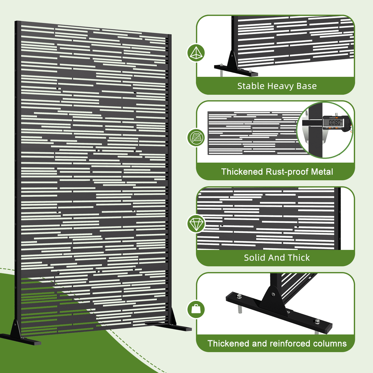 EROMMY 72" H Metal Privacy Screen, Freestanding Outdoor Privacy Screen with Upgraded Thickened Posts & Panels and Heavy Base, Black Linear(Consist of 5 Panels)