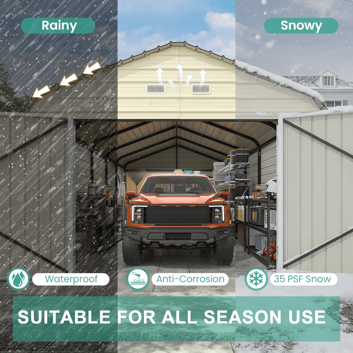 EROMMY 12x24 FT Heavy Duty Carport - Galvanized Steel Frame Car Shelter with Reinforced Base, Enclosed Storage Shed for Cars & Trucks, Beige