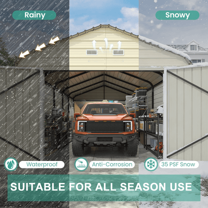 EROMMY 12x24 FT Heavy Duty Carport - Galvanized Steel Frame Car Shelter with Reinforced Base, Enclosed Storage Shed for Cars & Trucks, Beige