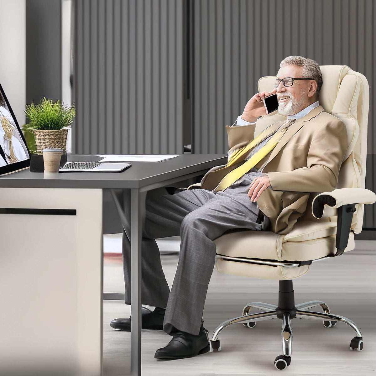 Erommy 6-Point Massage Heat Ergonomic Reclining Office Chair with Footrest Beige