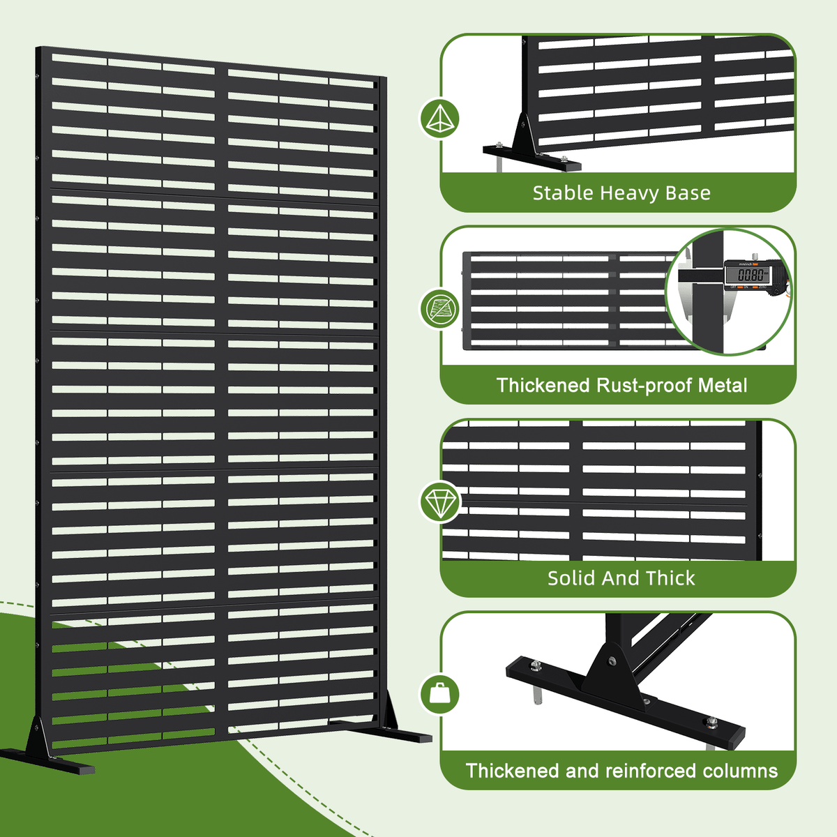 EROMMY 72" H×44" W Metal Privacy Screen, Free Standing Privacy Screen with Stable Heavy Base for Deck, Porch, Patio, Outdoor and Balcony, Black Louvered (Consist of 5 Panels)