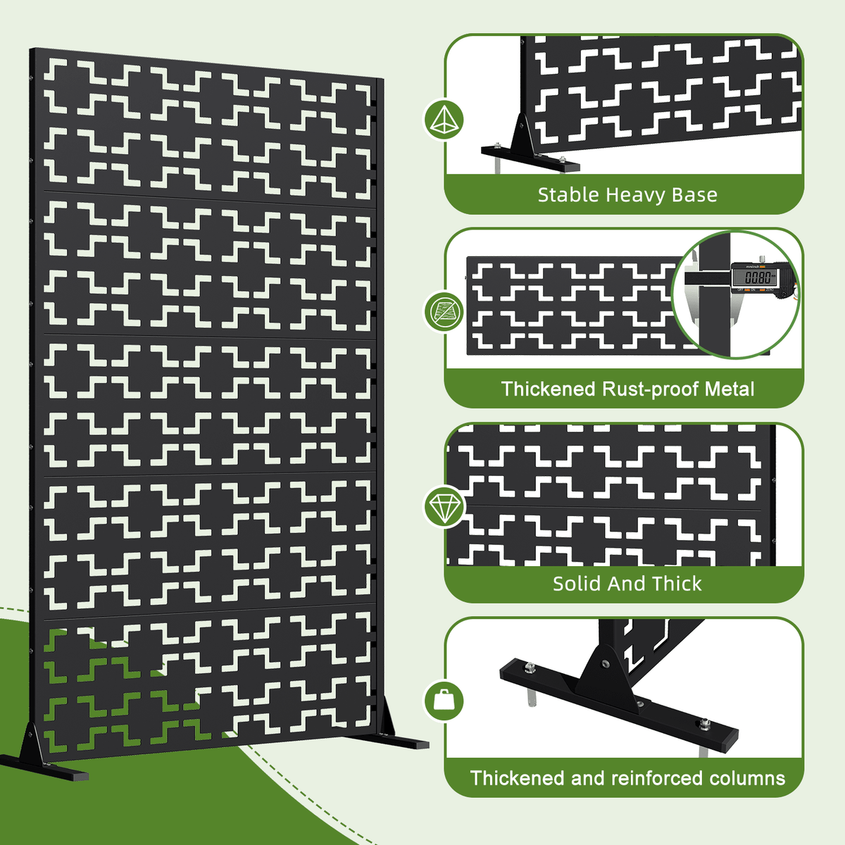 EROMMY 72" H Metal Privacy Screen, Free Standing Privacy Screen with Stable Heavy Base for Deck, Porch, Patio, Outdoor and Balcony, Black Square (Consist of 5 Panels)