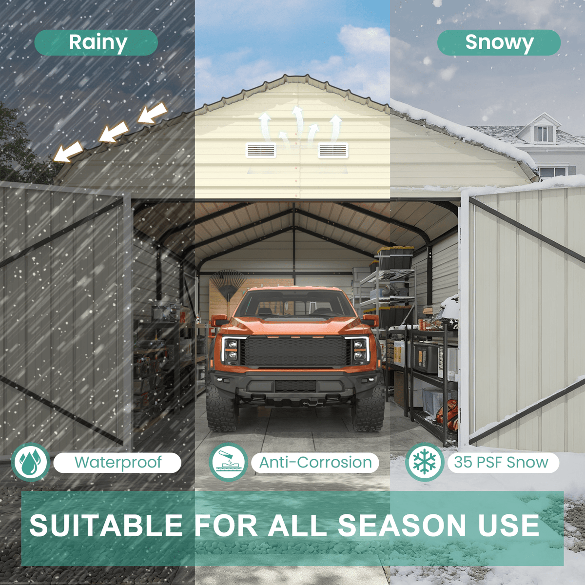 EROMMY 12x20 FT Heavy Duty Carport - Galvanized Steel Frame Car Shelter with Reinforced Base, Enclosed Storage Shed for Cars & Trucks, Beige