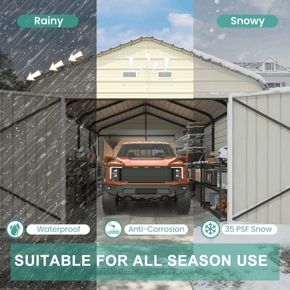 EROMMY 12x20 FT Heavy Duty Carport - Galvanized Steel Frame Car Shelter with Reinforced Base, Enclosed Storage Shed for Cars & Trucks, Beige