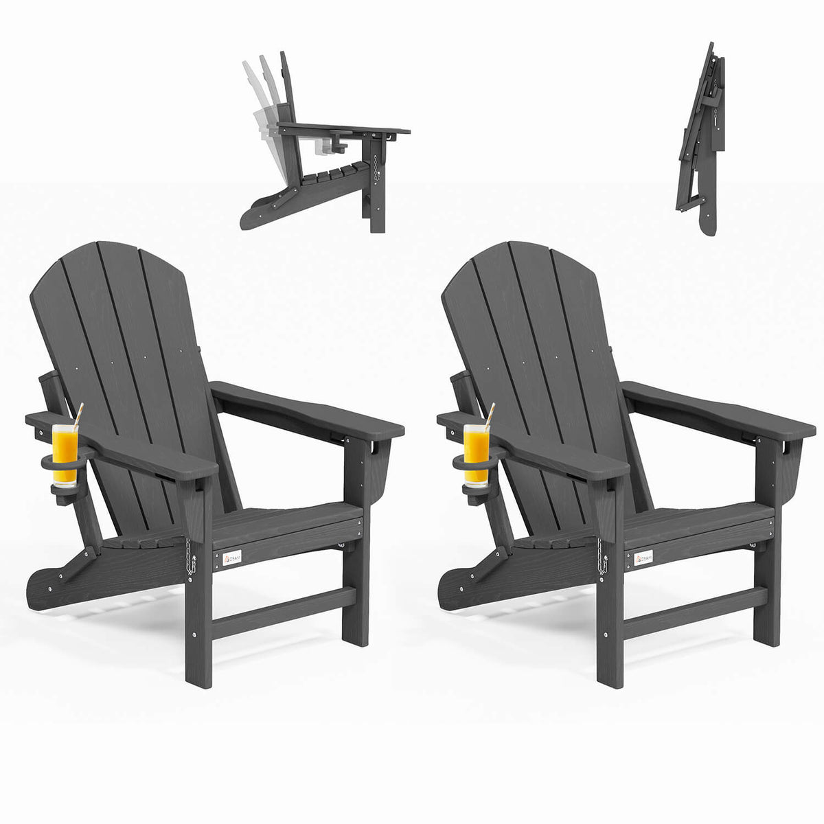 EROMMY 3-Position Adjustable Adirondack Chairs Set of 2, 400LBS HDPE Folding Outdoor Chairs with Cup Holder, Gray