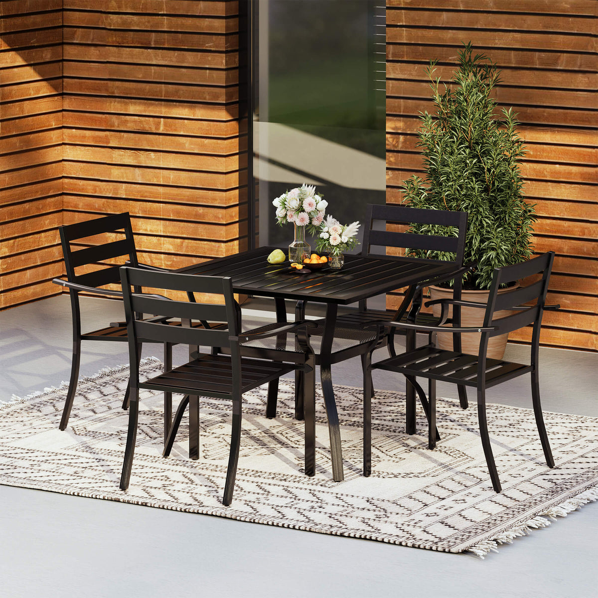EROMMY 5-Piece Outdoor Patio Dining Set for 4, Square Metal Table with Umbrella Hole & Stackable Chairs