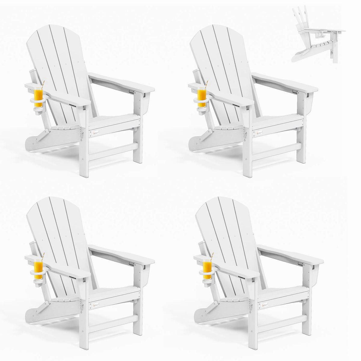 EROMMY 3-Position Adjustable Adirondack Chairs Set of 4, 400LBS HDPE Folding Outdoor Chairs with Cup Holder, White