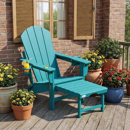 EROMMY 3-Level  Adjustable Adirondack Chair with Retractable Ottoman, Folding HDPE Outdoor Chair with Cup Holders, Aruba Blue