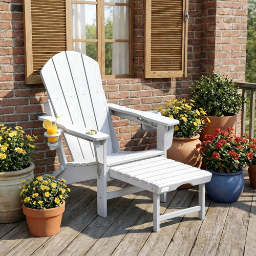 EROMMY 3-Level  Adjustable Adirondack Chair with Retractable Ottoman, Folding HDPE Outdoor Chair with Cup Holders, White
