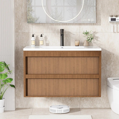 EROMMY 30 Inch Bathroom Vanity with Sink, Floating Bathroom Vanity with 2 Large Storage Drawers, Wood Grain Wall Mounted Bathroom Cabinet, Walnut