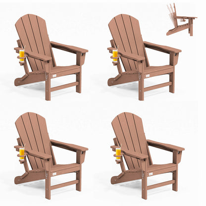 EROMMY 3-Position Adjustable Adirondack Chairs Set of 4, 400LBS HDPE Folding Outdoor Chairs with Cup Holder, Teak