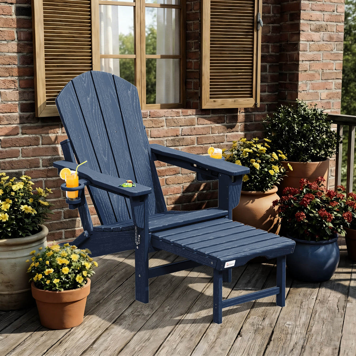 EROMMY 3-Level  Adjustable Adirondack Chair with Retractable Ottoman, Folding HDPE Outdoor Chair with Cup Holders, Navy Blue