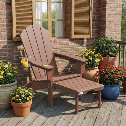 EROMMY 3-Level  Adjustable Adirondack Chair with Retractable Ottoman, Folding HDPE Outdoor Chair with Cup Holders, Teak