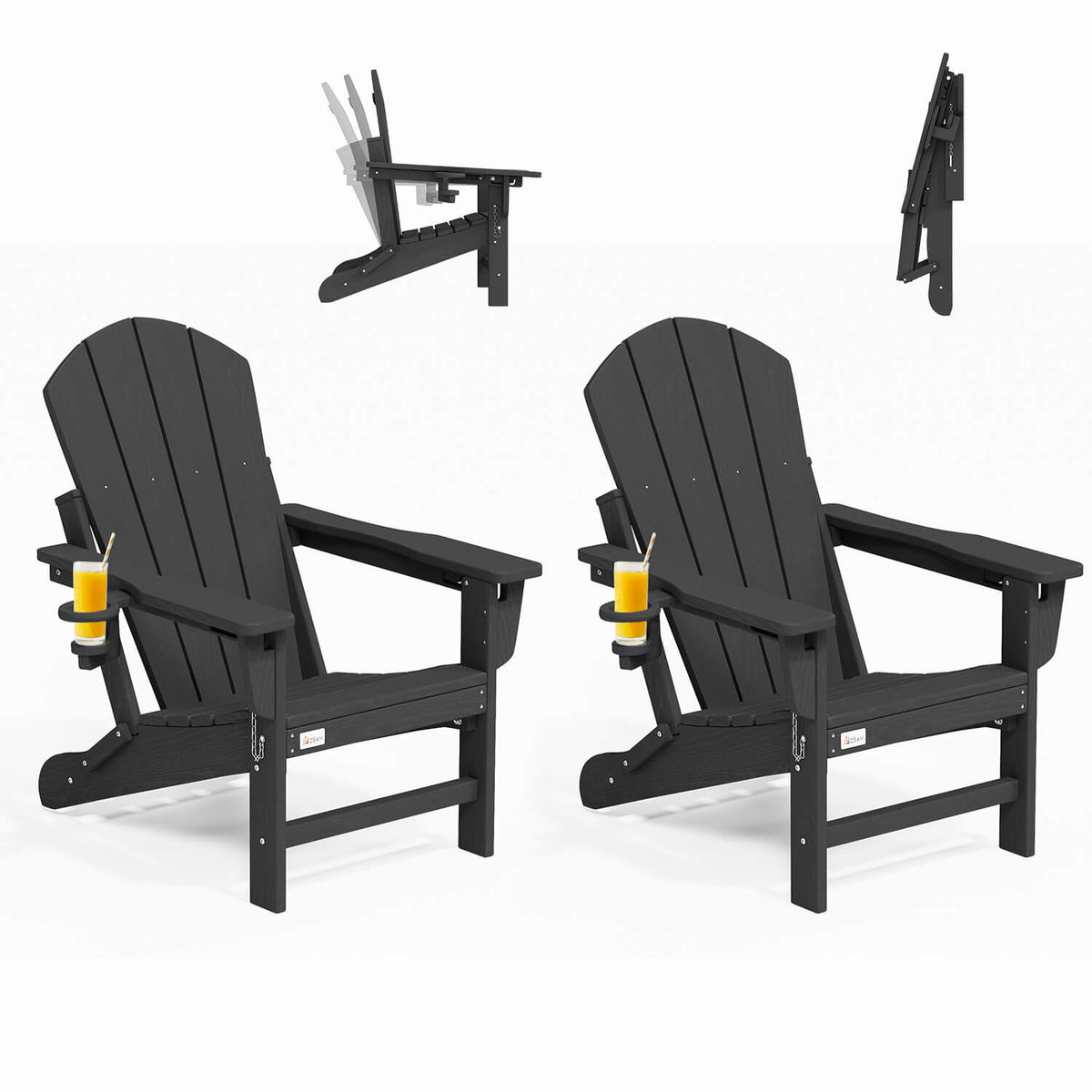 EROMMY 3-Position Adjustable Adirondack Chairs Set of 2, 400LBS HDPE Folding Outdoor Chairs with Cup Holder, Black