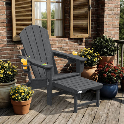 EROMMY 3-Level  Adjustable Adirondack Chair with Retractable Ottoman, Folding HDPE Outdoor Chair with Cup Holders, Gray