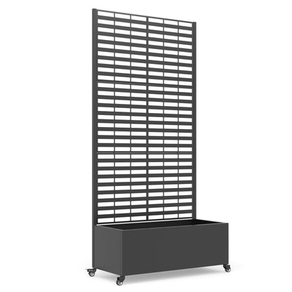 EROMMY Metal Planter Box with Trellis, 73"x 35"x 16" Raised Garden Bed with Wheels and Drainage Holes, Planter with Trellis for Garden, Balcony and Patio, Black Louvered