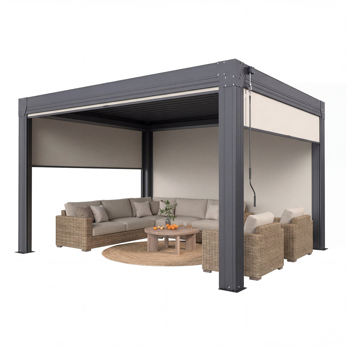 EROMMY 10' x 12' Louvered Pergola with Pull-Down Screens, Aluminum Outdoor Pergola with Retractable Roof for Patios, Decks & Backyards, Black