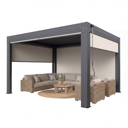 EROMMY 10' x 12' Louvered Pergola with Pull-Down Screens, Aluminum Outdoor Pergola with Retractable Roof for Patios, Decks & Backyards, Black