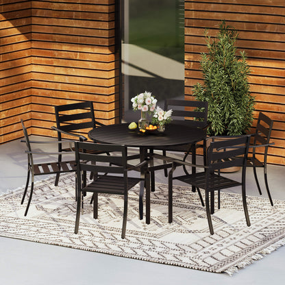 EROMMY 7-Piece Outdoor Patio Dining Set for 6, Round Metal Table with Umbrella Hole & Stackable Chairs