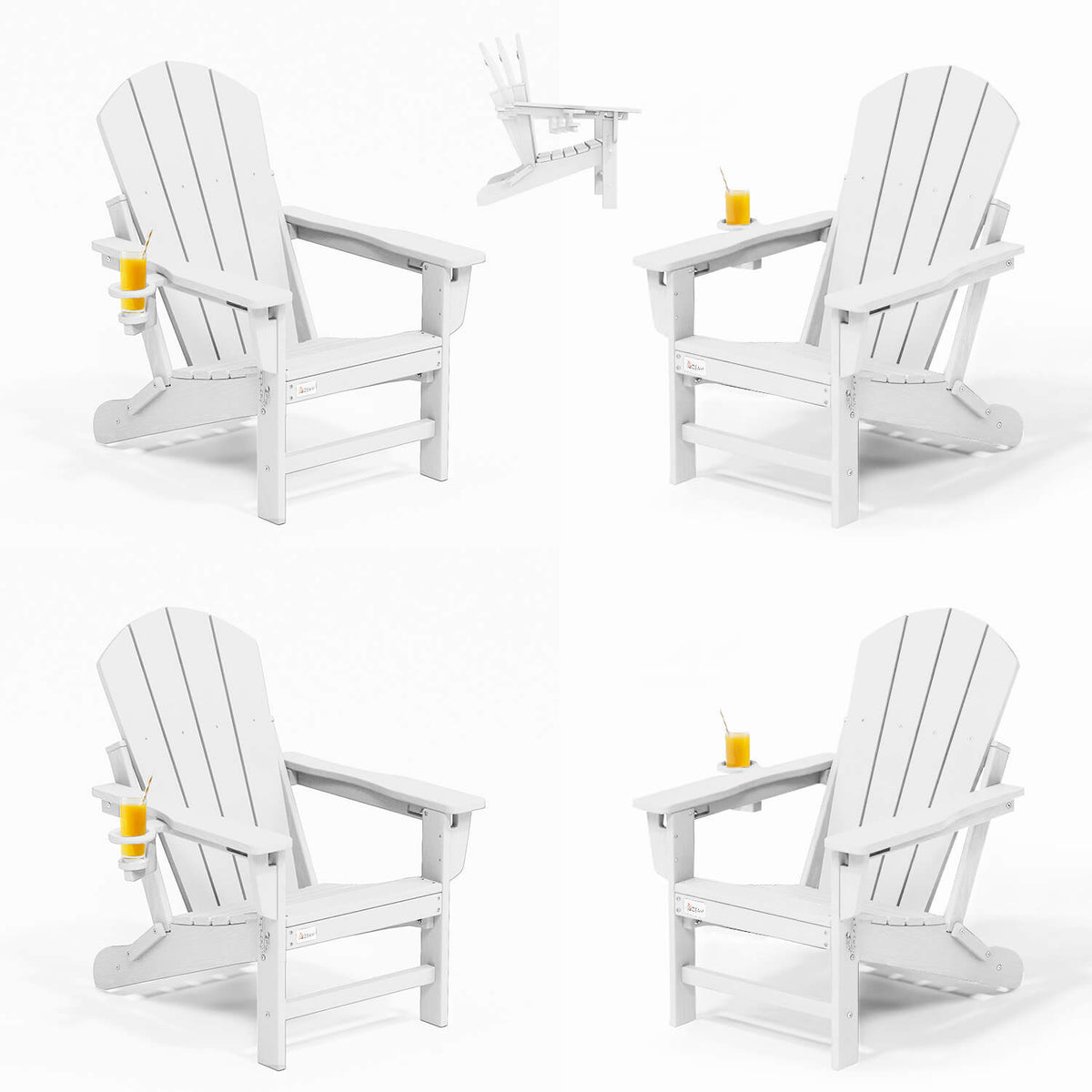 EROMMY 3-Position Adjustable Adirondack Chairs Set of 4, 400LBS HDPE Folding Outdoor Chairs with Cup Holder, White
