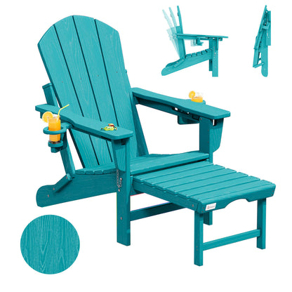 EROMMY 3-Level  Adjustable Adirondack Chair with Retractable Ottoman, Folding HDPE Outdoor Chair with Cup Holders, Aruba Blue