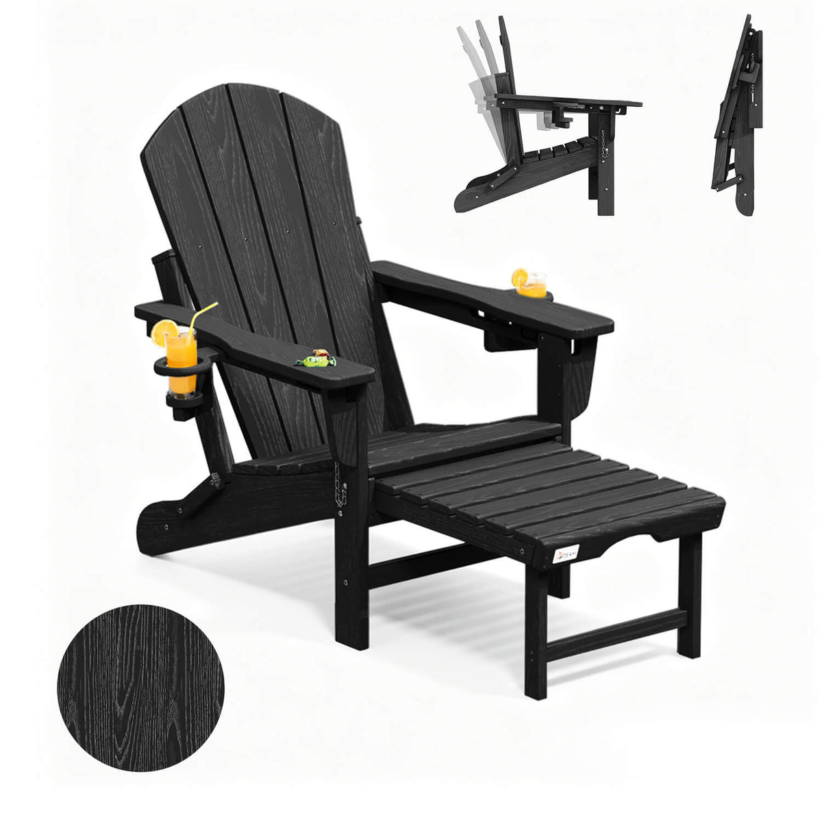 EROMMY 3-Level  Adjustable Adirondack Chair with Retractable Ottoman, Folding HDPE Outdoor Chair with Cup Holders, Black