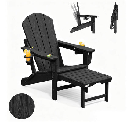 EROMMY 3-Level  Adjustable Adirondack Chair with Retractable Ottoman, Folding HDPE Outdoor Chair with Cup Holders, Black