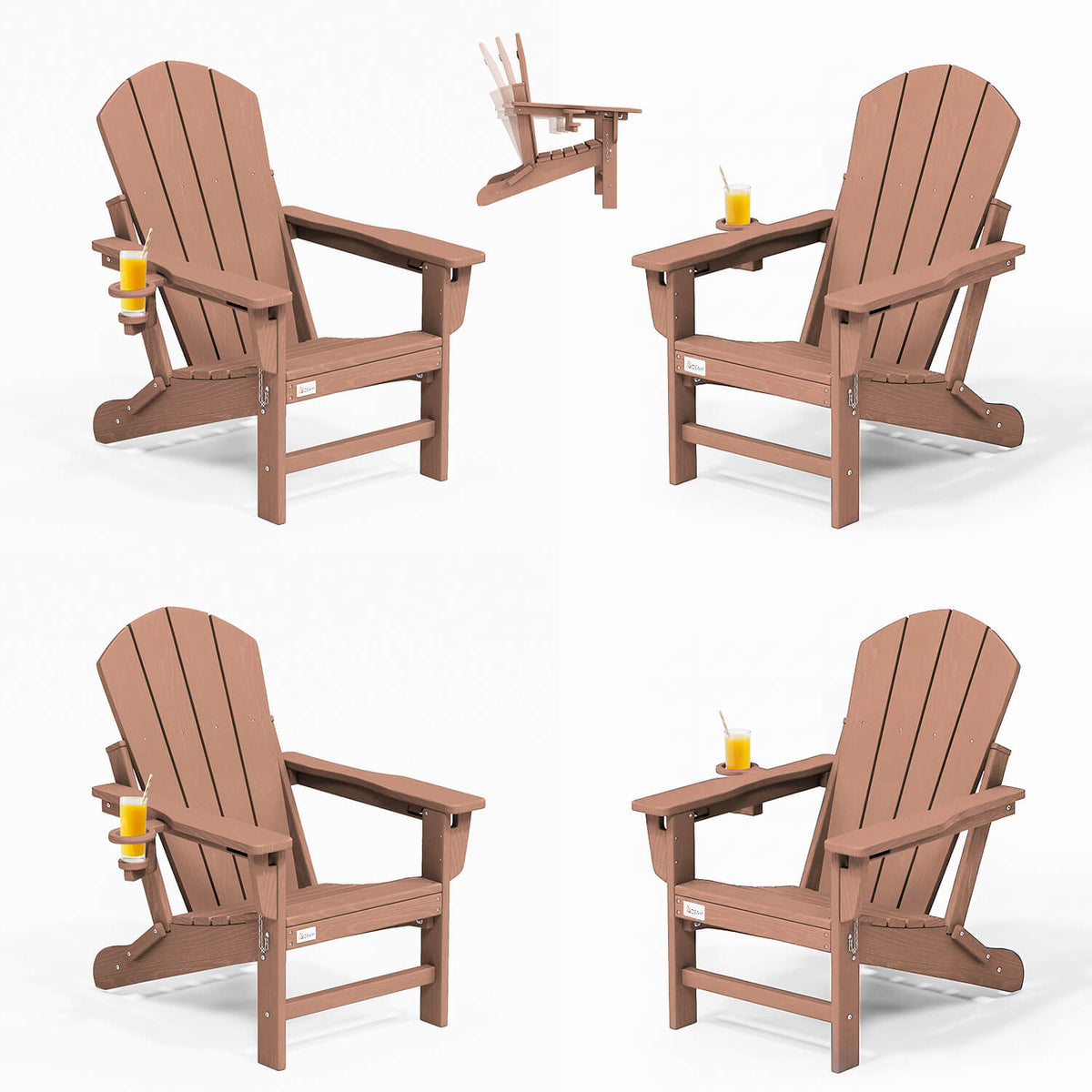 EROMMY 3-Position Adjustable Adirondack Chairs Set of 4, 400LBS HDPE Folding Outdoor Chairs with Cup Holder, Teak