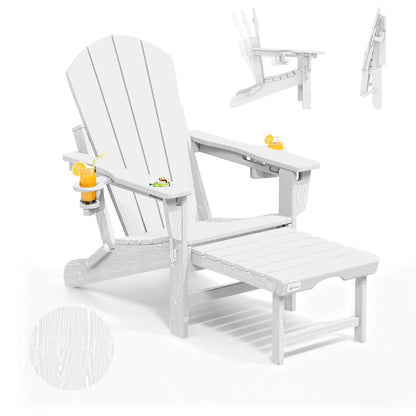 EROMMY 3-Level  Adjustable Adirondack Chair with Retractable Ottoman, Folding HDPE Outdoor Chair with Cup Holders, White