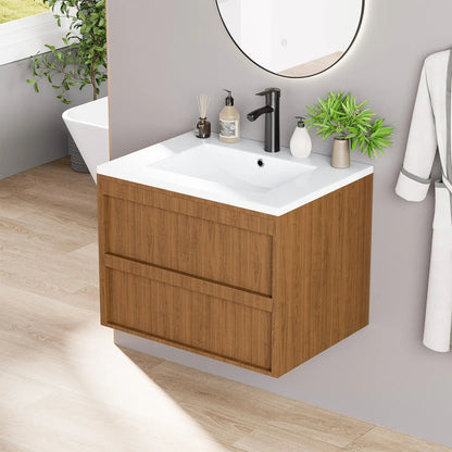 EROMMY 24 Inch Bathroom Vanity with Sink, Floating Bathroom Vanity with 2 Large Storage Drawers, Wood Grain Wall Mounted Bathroom Cabinet, Walnut