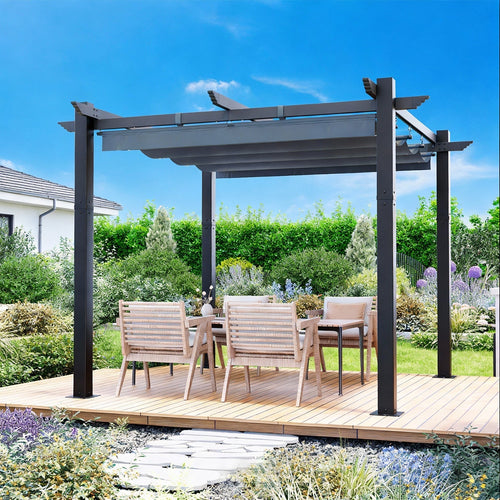 EROMMY Retractable Pergola 10x10 Ft, Upgraded Sun Shade with Waterproof Canopy, Durable Metal Patio Shelter with Magnetic Attachment for Backyard Garden Deck (Gary)